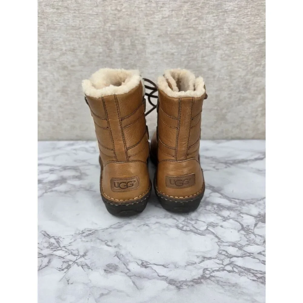 UGG Caspia 1932 Tan Leather Lace Up Ankle Sheepskin Warm Boots Womens Sz 9